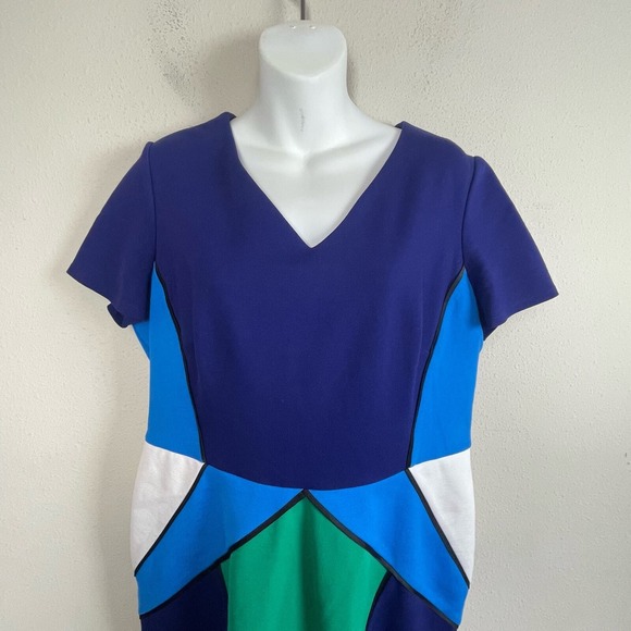 Antonio Melani Color Block Illusion Shift Dress Size 14 Blue‎ Teal White - Picture 2 of 6